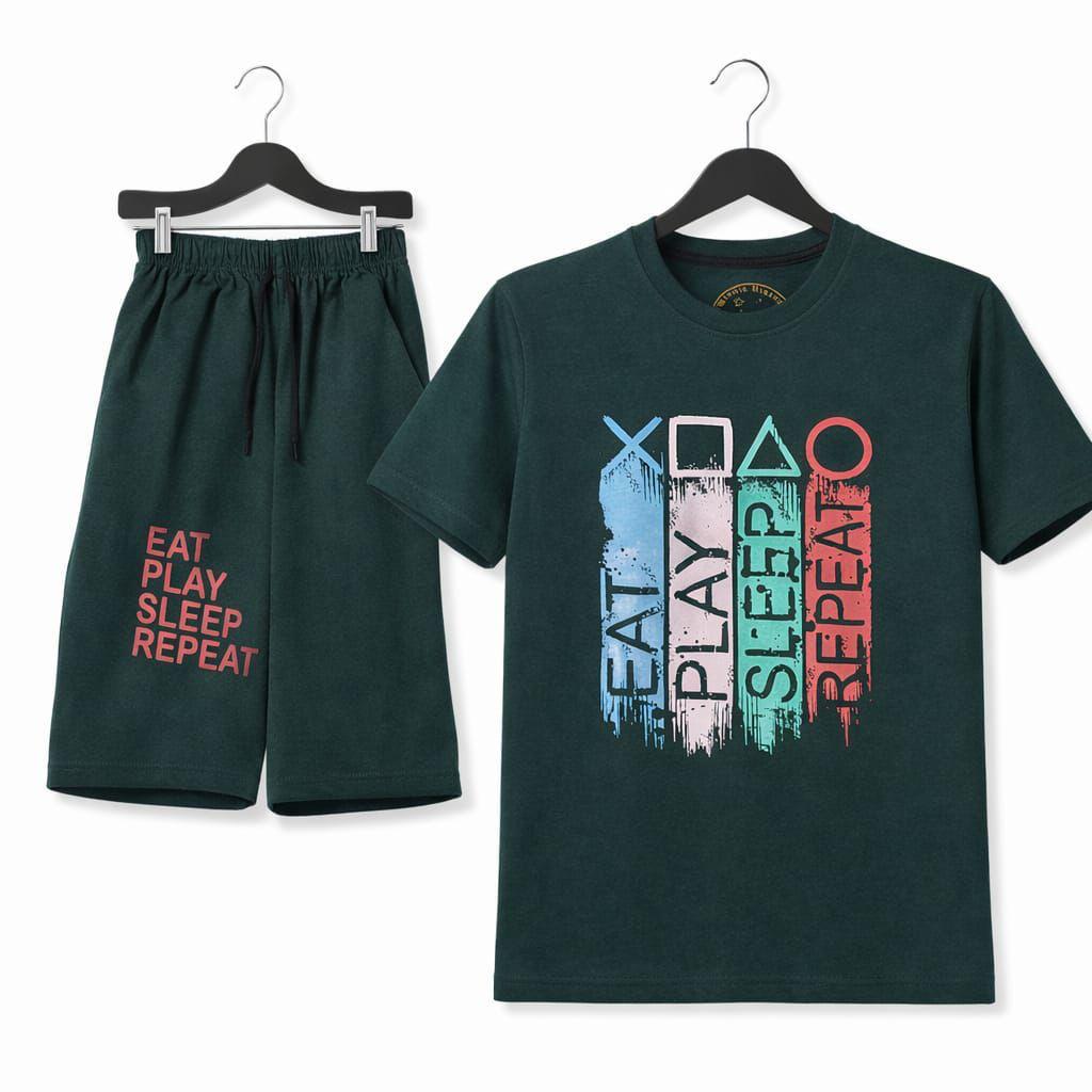 Boys Printed T-Shirt & Shorts Set | Summer Collection | Ages 1ā12 Years | Eat Play Sleep Repeat Dark Green