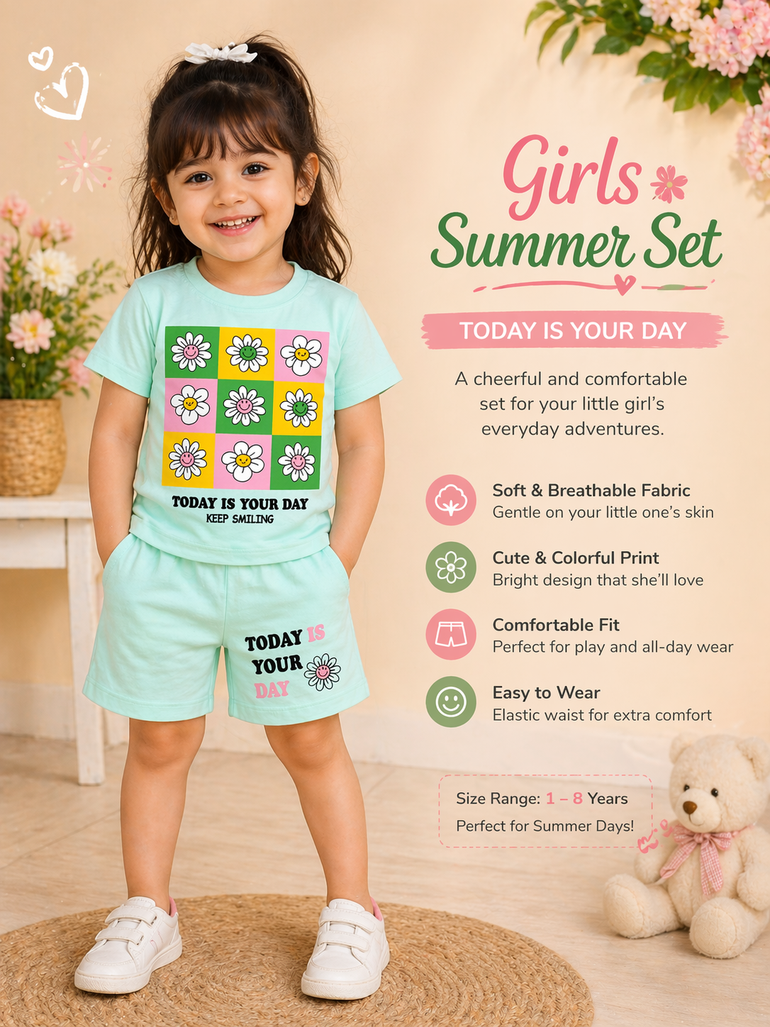 Girls Mint Green Printed T-Shirt & Shorts Set | Cute Summer Outfit | Ages 1 β 6 Years
