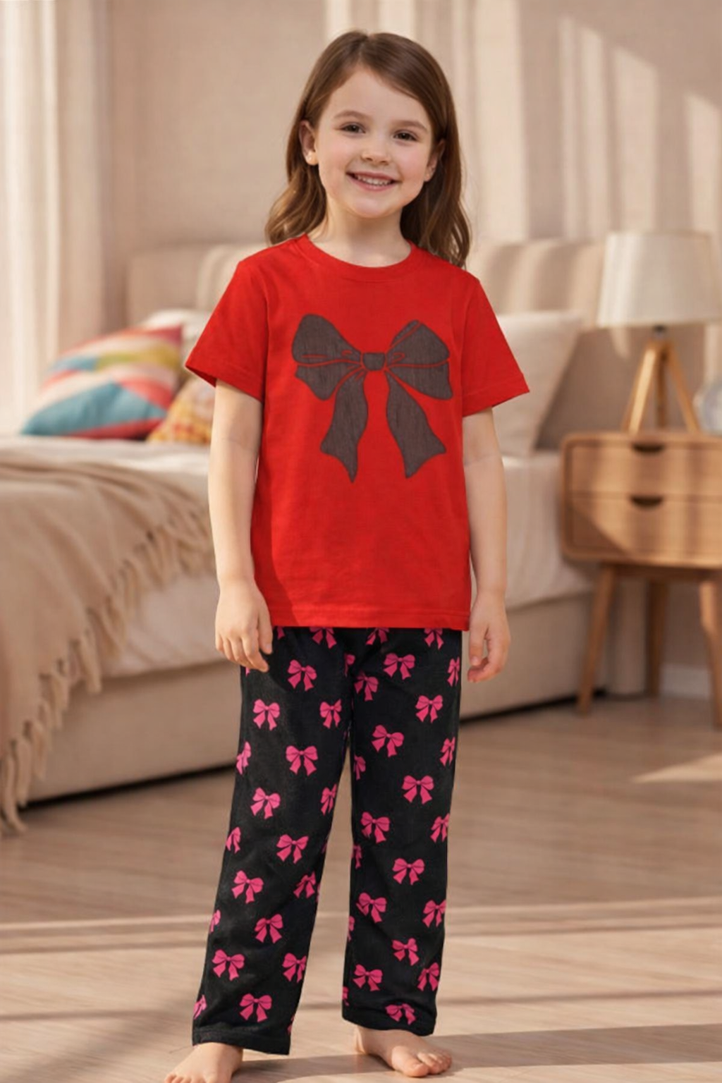 Girls Bow Printed T-Shirt & Trousers Set | Summer Collection | Ages 1 – 10 Years | Red & Black Ribbon Print