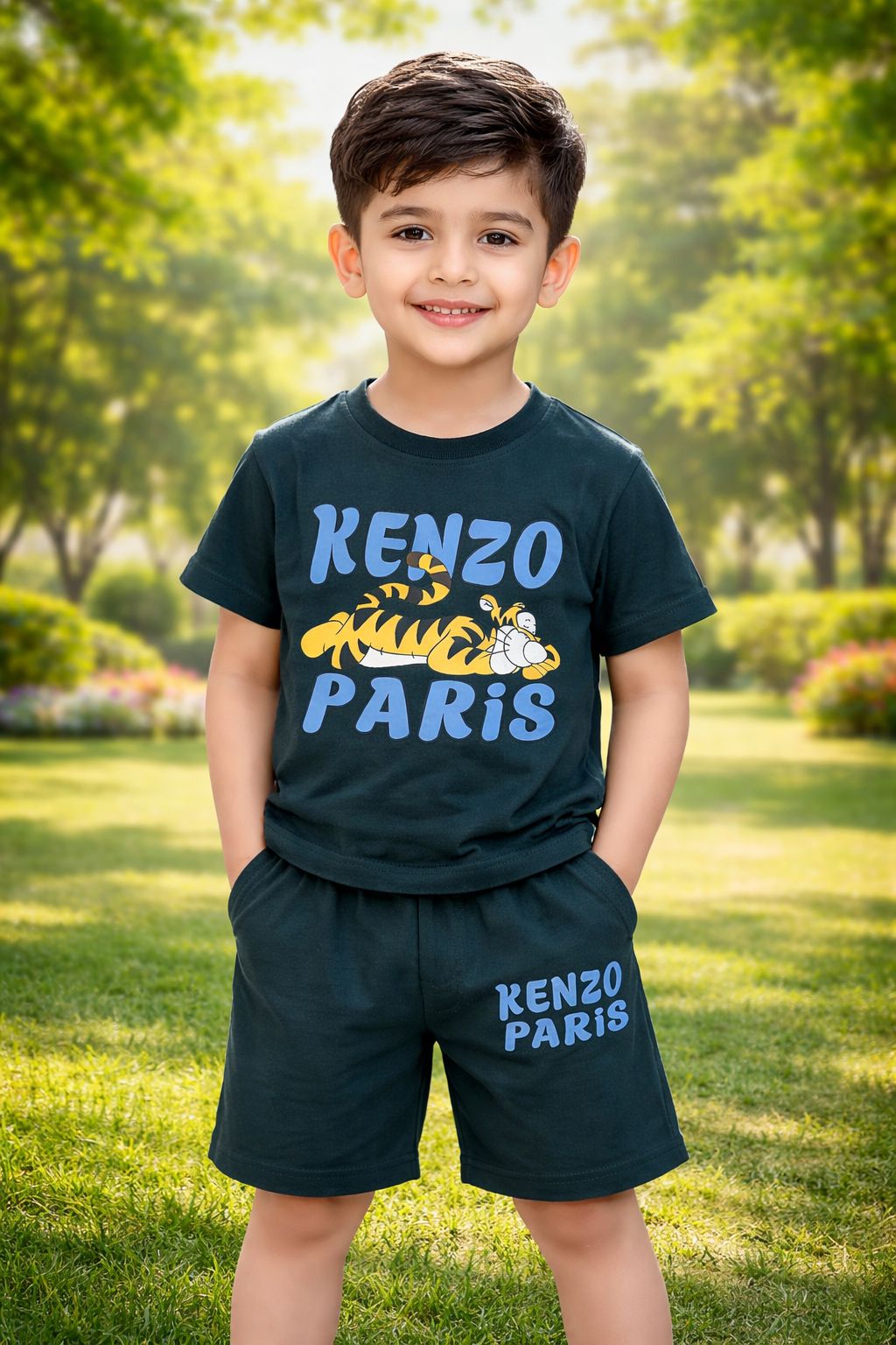 Boys Kenzo Paris Graphic T-Shirt & Shorts Set | Summer Collection | Ages 1 ā 12 Years | Dark Teal Tiger Print