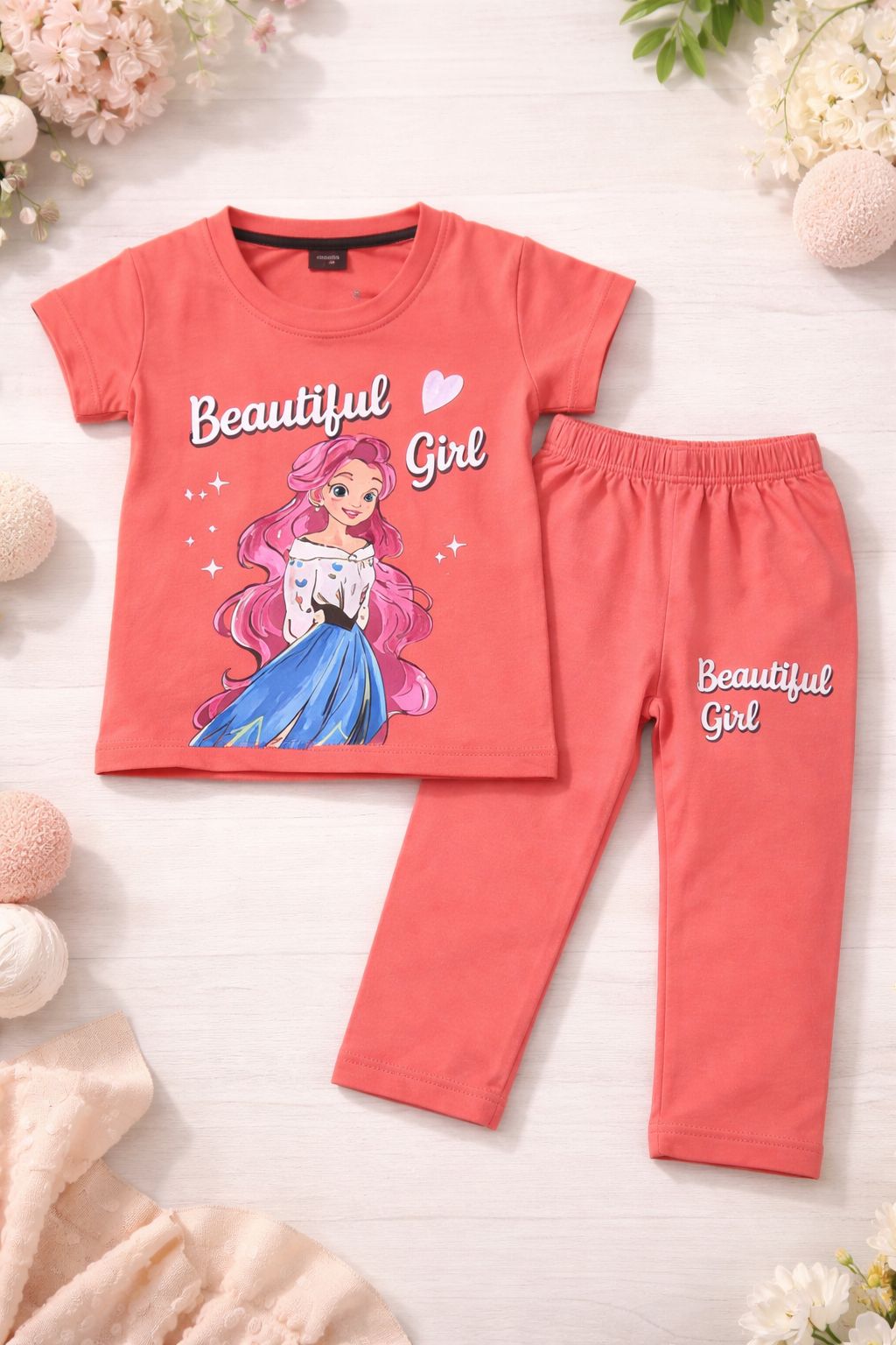 Girls Princess Printed T-Shirt & Trousers Set | Summer Collection | Ages 1 – 10 Years | Beautiful Girl Coral Pink