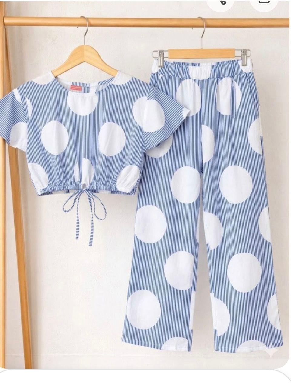 Girls Printed Cotton Dress | Summer Casual Suit | 1 β 10 Years | Sky Blue Polka Stripe