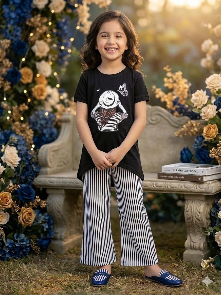 Girls Printed T-Shirt & Trousers Set | Summer Collection | Ages 1 – 10 Years | Classic Stripe Black