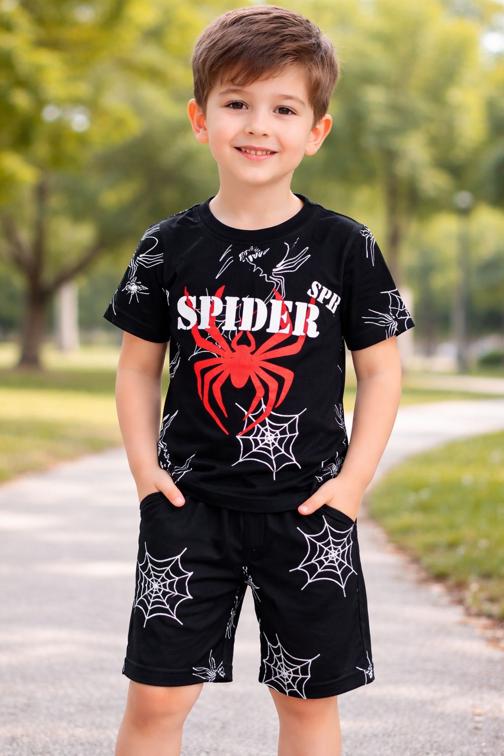 Boys Printed T-Shirt & Shorts Set | Summer Collection | Ages 1ā12 Years | Spider Black