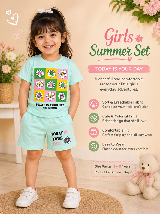 Girls Mint Green Printed T-Shirt & Shorts Set | Cute Summer Outfit | Ages 1 – 6 Years