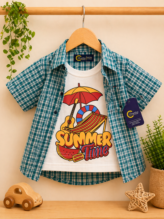 Boys Double Shirts  Printed T-Shirt & Shirt Set | Stylish Summer Outfit  | Ages 1 – 12 Years