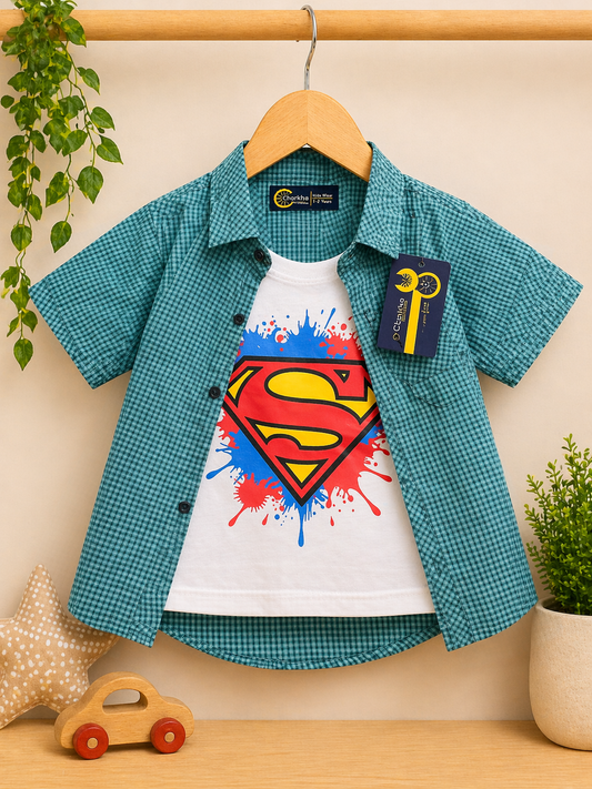 Boys Double Shirts  Printed T-Shirt & Shirt Set | Stylish Summer Outfit  | Ages 1 – 12 Years