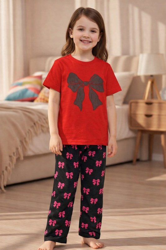 Girls Bow Printed T-Shirt & Trousers Set | Summer Collection | Ages 1 – 10 Years | Red & Black Ribbon Print
