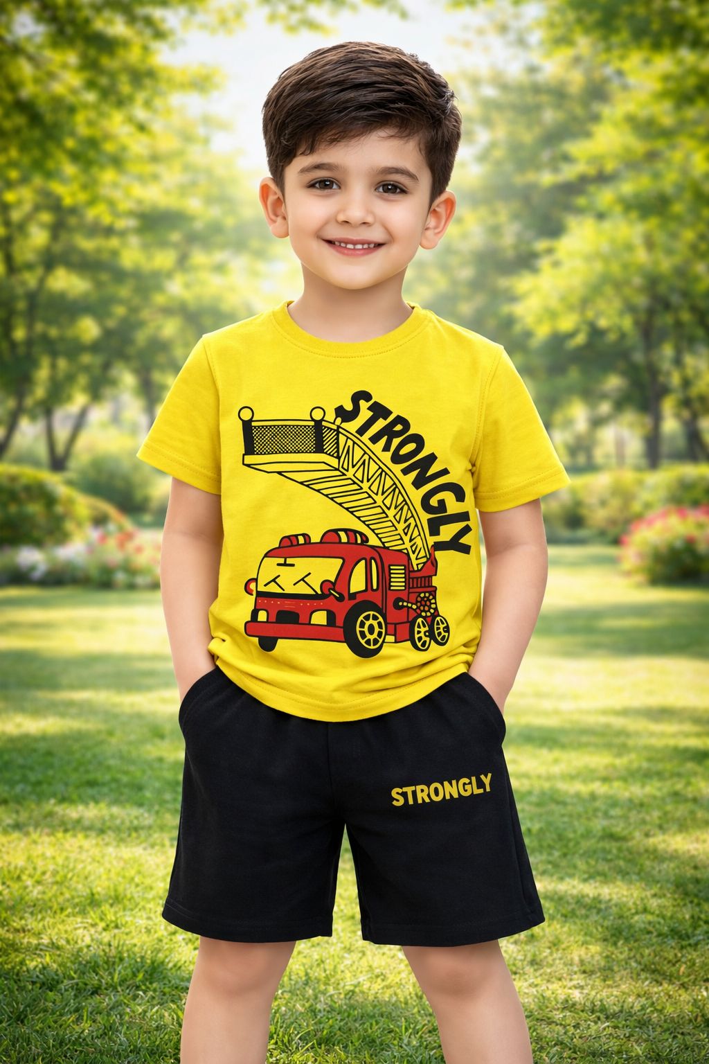 Boys Fire Truck Graphic T-Shirt & Shorts Set | Summer Collection | Ages 1 – 12 Years | Strongly Yellow & Black