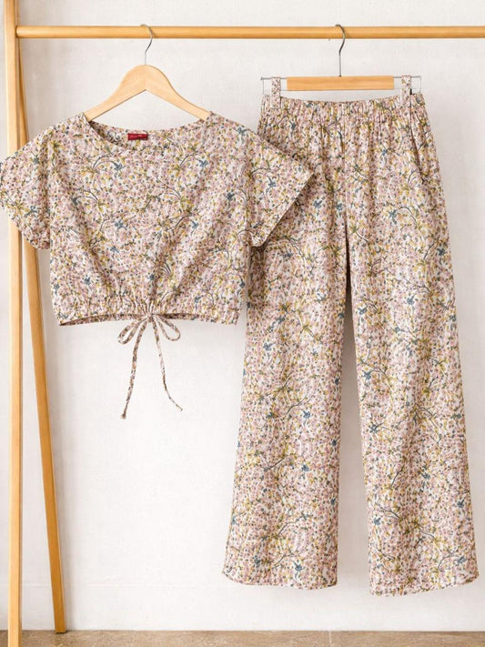 Girls Printed Cotton Dress | Summer Casual Suit | 1–10 Years | Soft Beige Floral Garden