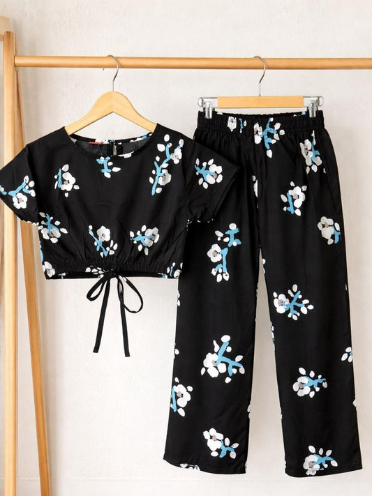 Girls Printed Cotton Dress | Summer Casual Suit | 1–10 Years | Midnight Floral Black