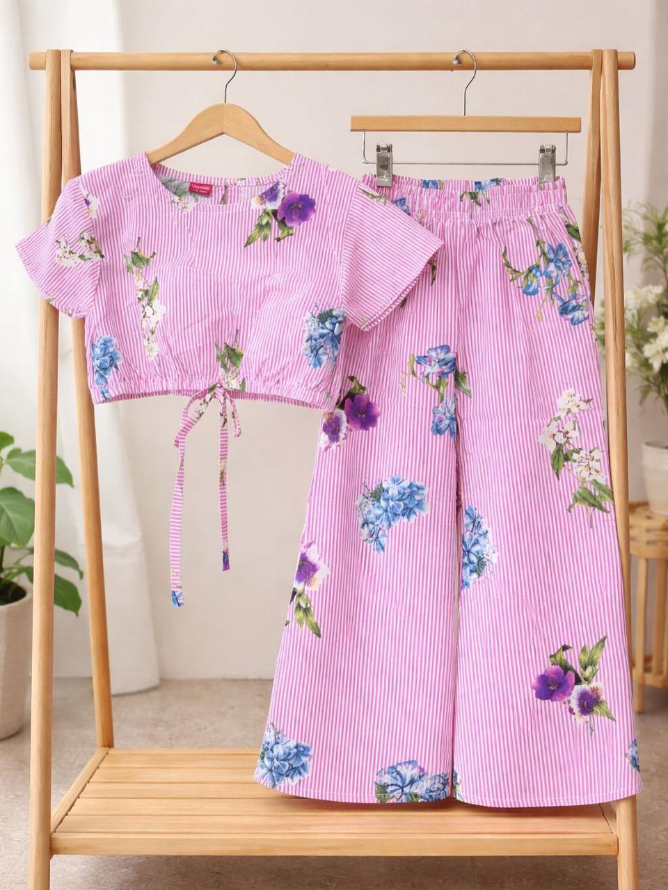 Girls Printed Cotton Dress | Summer Casual Suit | 1 – 10 Years | Blush Pink Floral Stripe