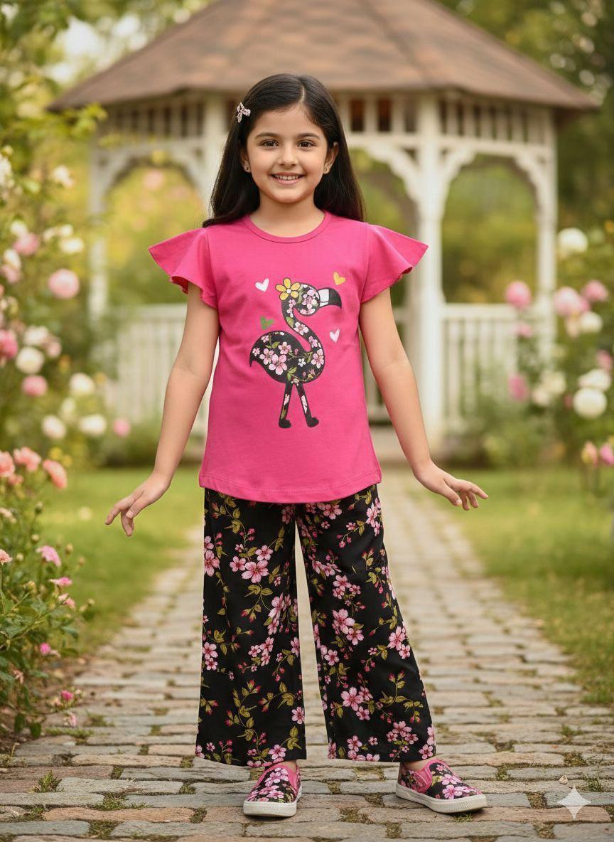 Girls Printed T-Shirt & Trousers Set | Summer Collection | Ages 1 – 10 Years | Flamingo Pink Floral Black