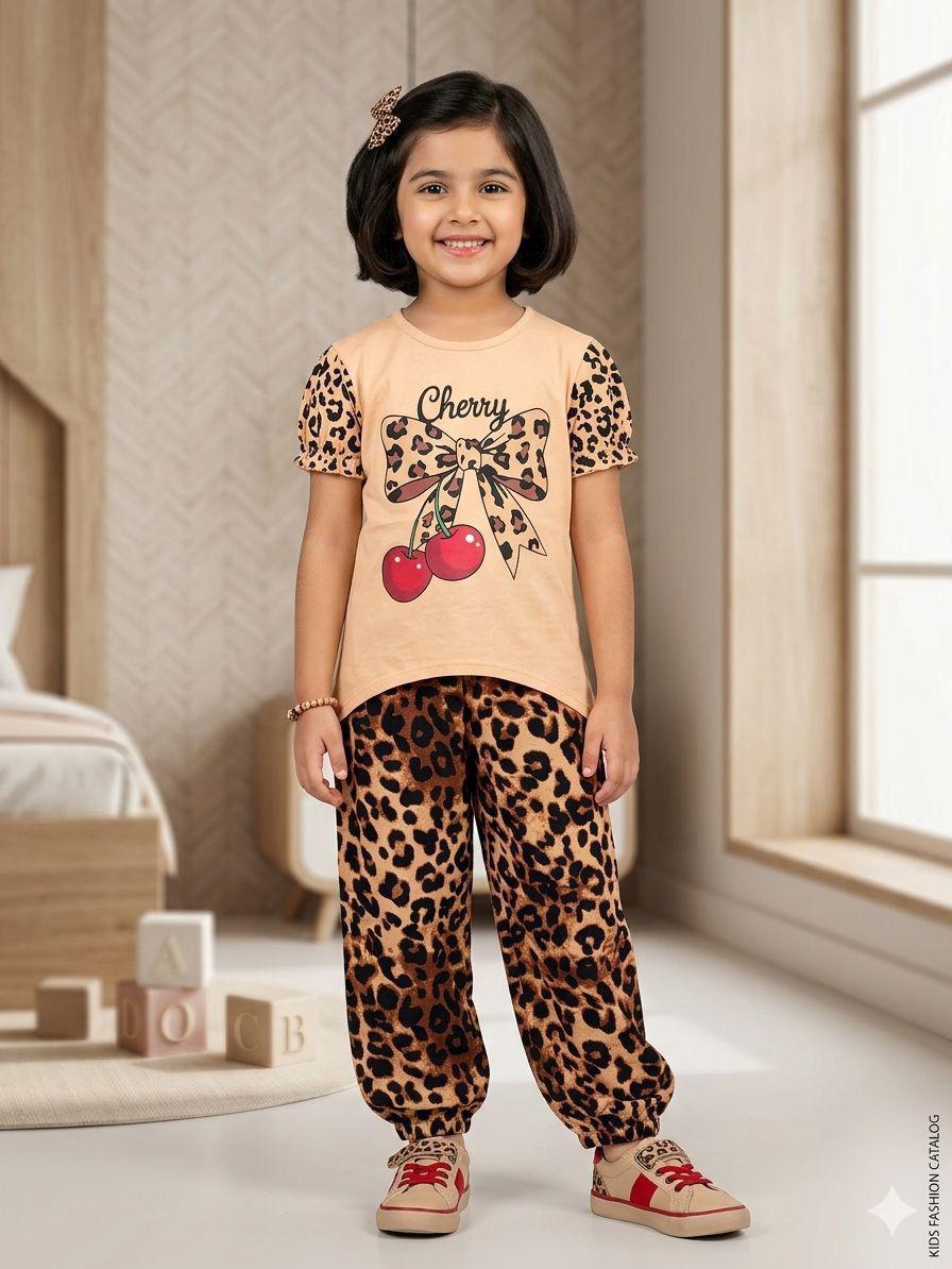 Girls Printed T-Shirt & Trousers Set | Summer Collection | Ages 1 – 10 Years | Cherry Leopard Beige