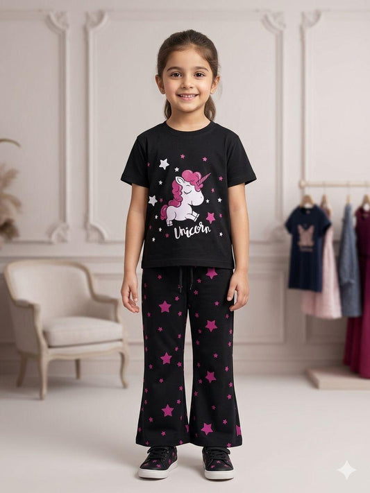 Girls Printed T-Shirt & Trousers Set | Summer Collection | Ages 1 – 10 Years | Unicorn Black Pink Star
