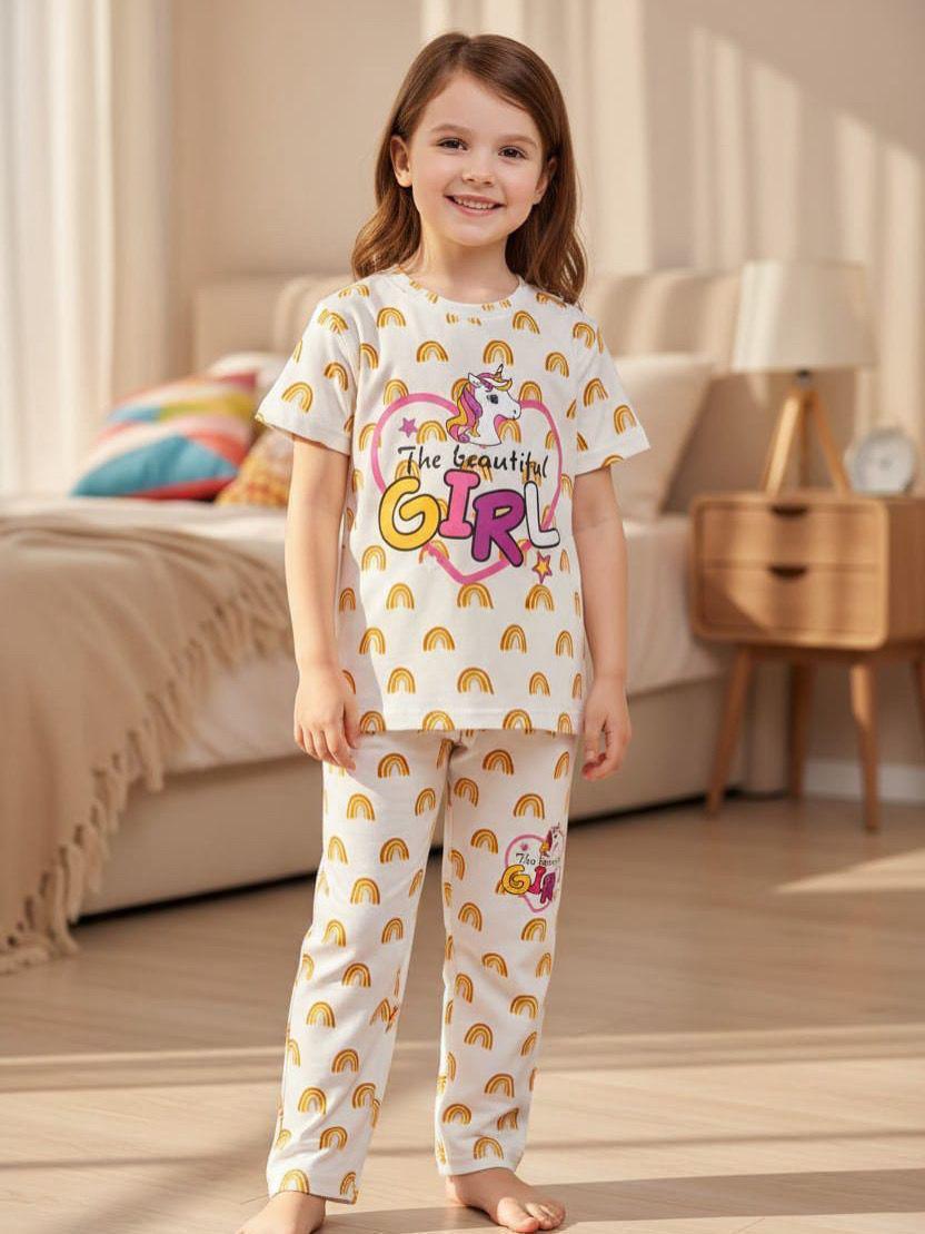 Girls Printed T-Shirt & Trousers Set | Summer Collection | Ages 1 – 10 Years | Rainbow Unicorn Cream Yellow