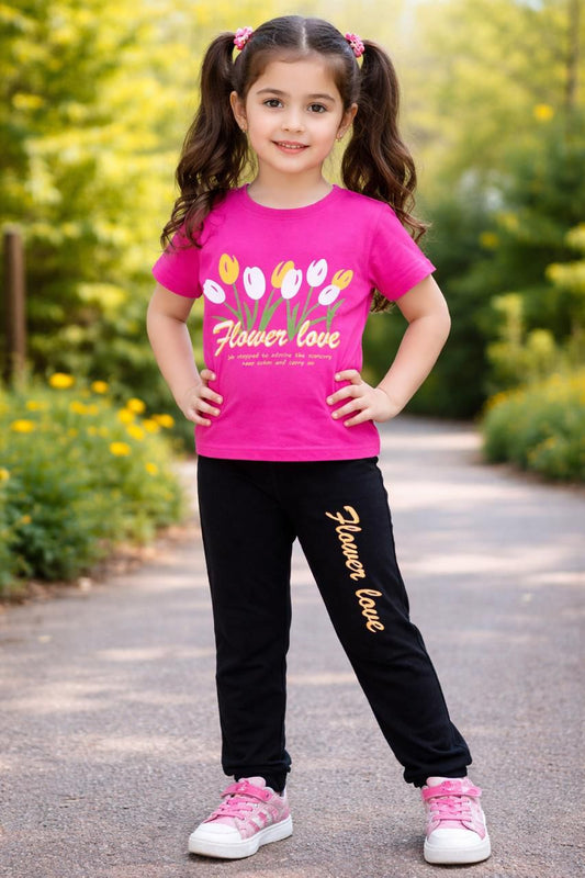 Girls  Printed T-Shirt & Trousers Set | Summer Collection | Ages 1 – 10 Years | Pink Blossom Black