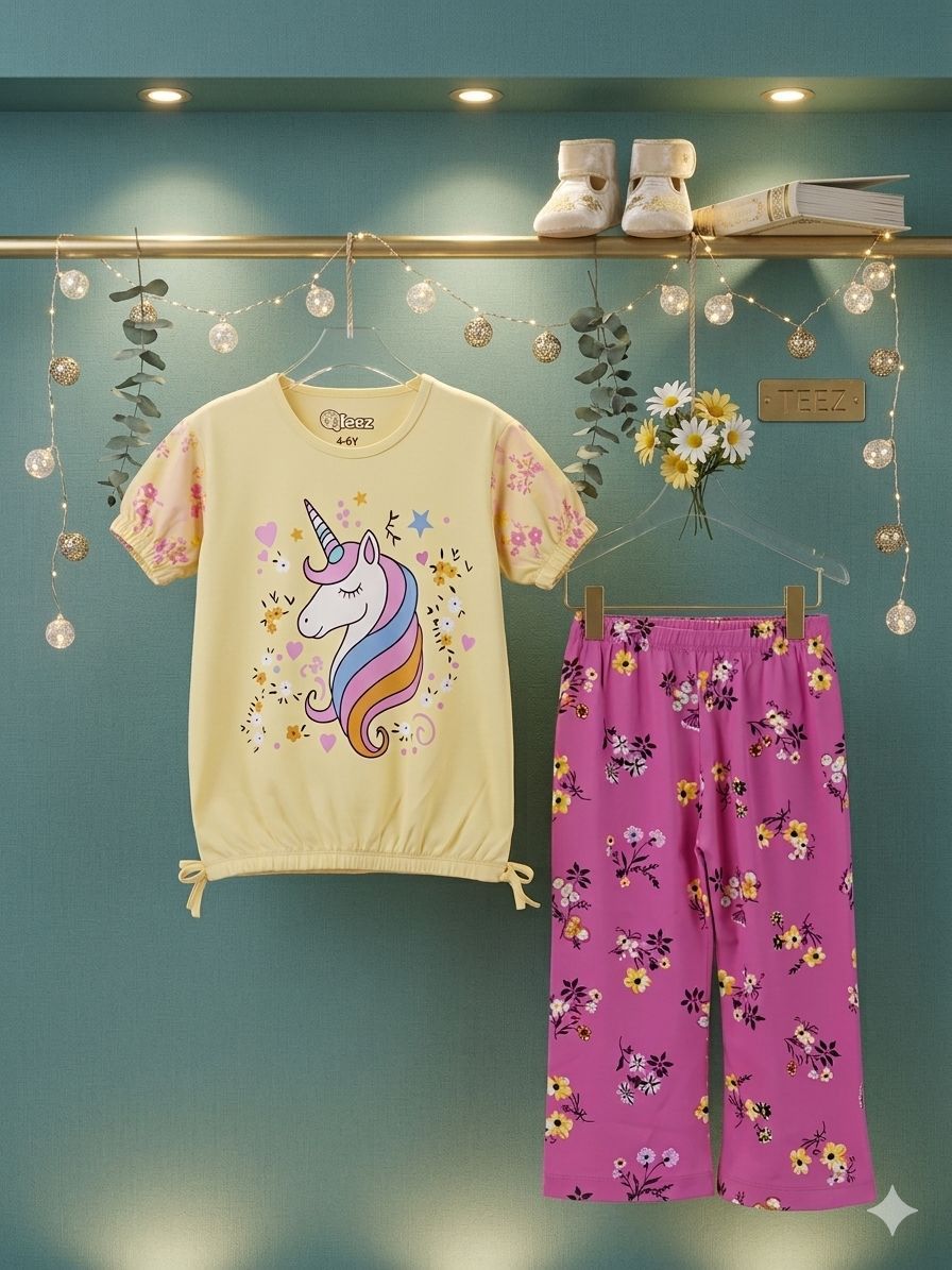 Girls  Printed T-Shirt & Trousers Set | Summer Collection | Ages 1 – 10 Years | Unicorn Pink Bloom