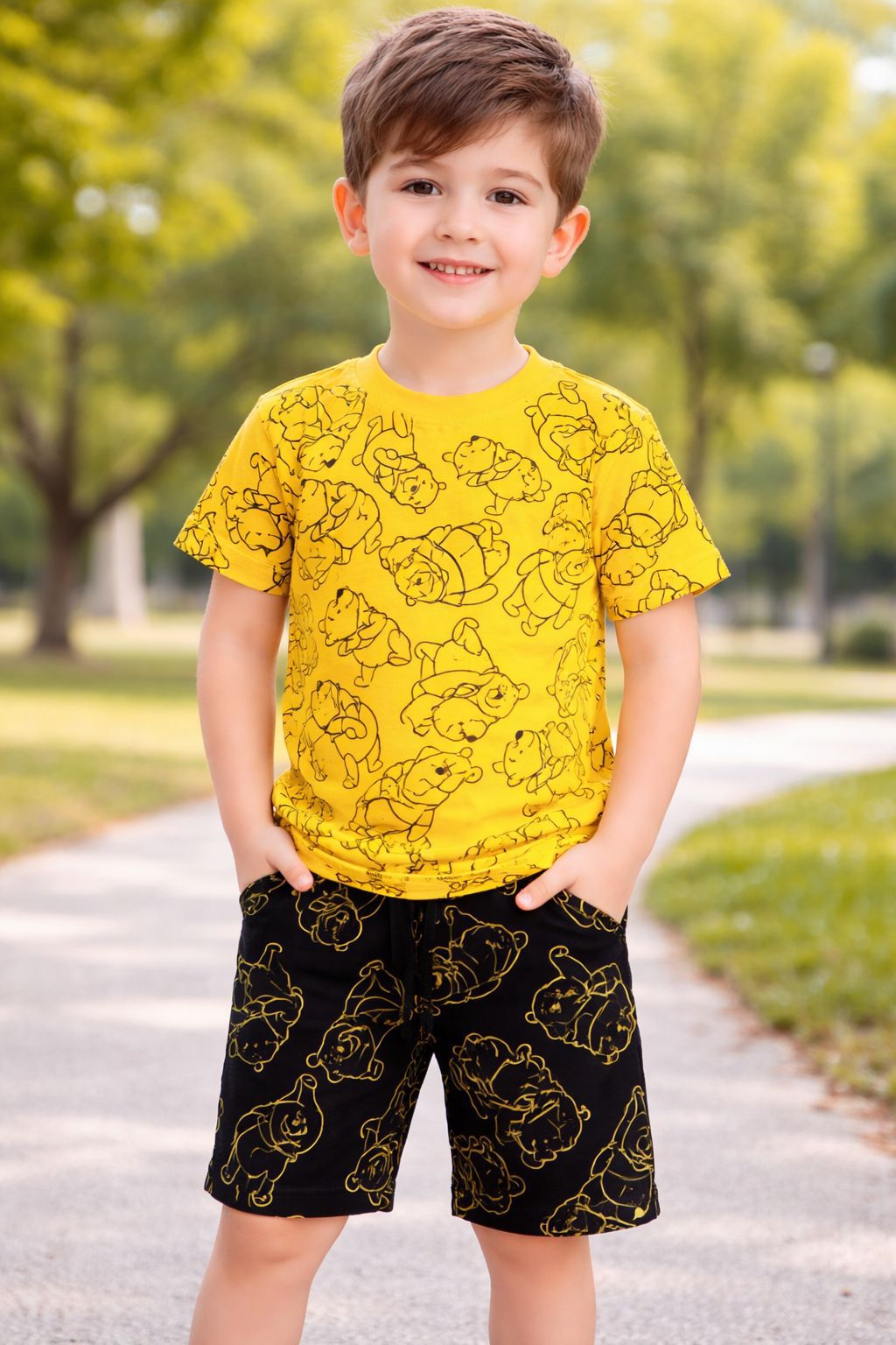 Boys Printed T-Shirt & Shorts Set | Summer Collection | Ages 1–12 Years | Cartoon Pop Yellow