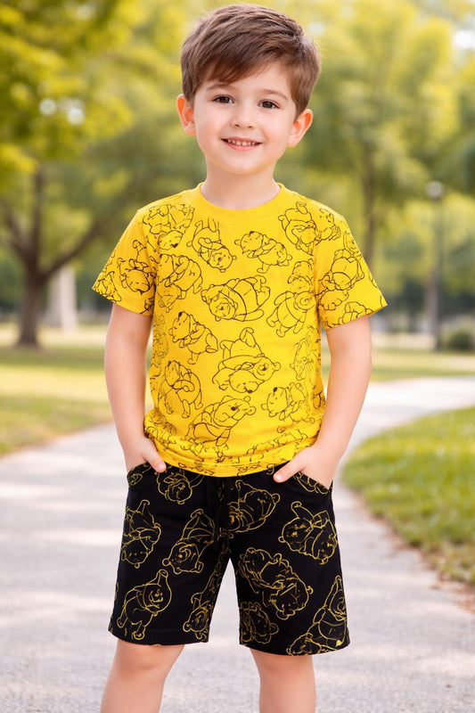 Boys Printed T-Shirt & Shorts Set | Summer Collection | Ages 1–12 Years | Cartoon Pop Yellow