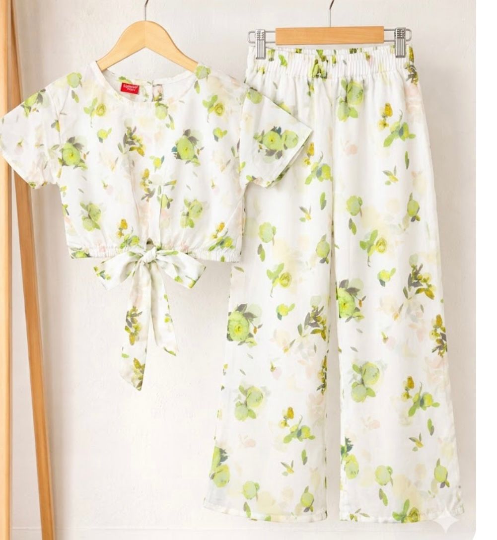 Girls  Printed Cotton Dress | Summer Casual Suit | 1 – 10 Years | Ivory Floral Green