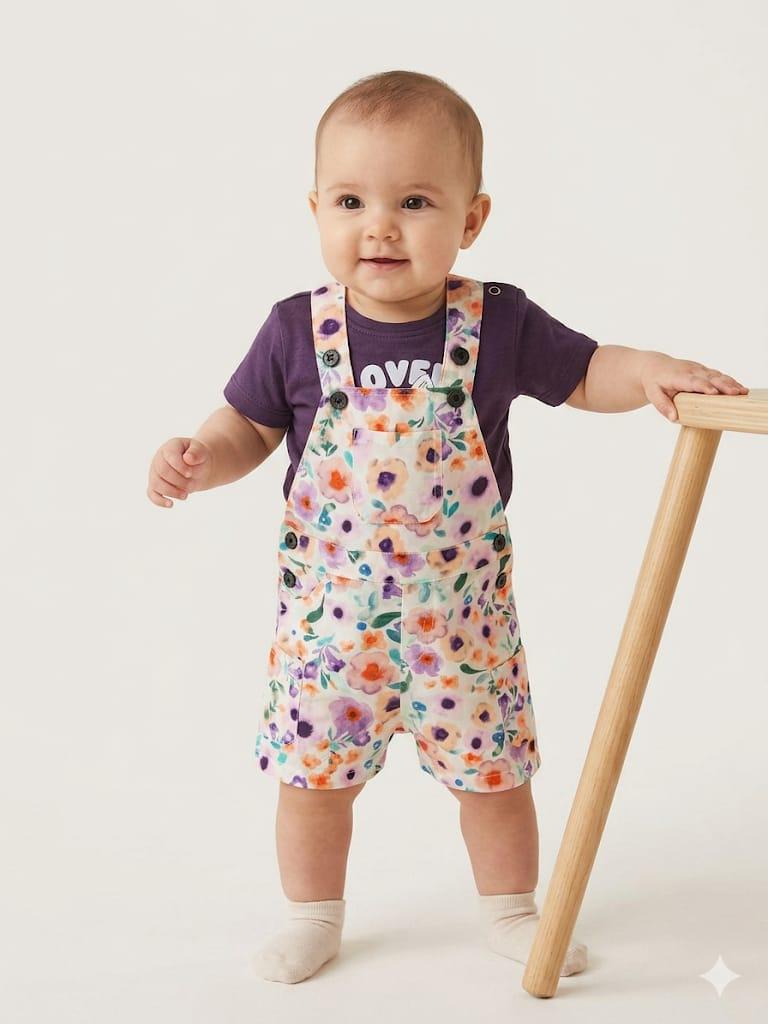Baby Floral Dungaree Romper Set | Summer Outfit | 3 – 24 Months | Pastel Flower Print