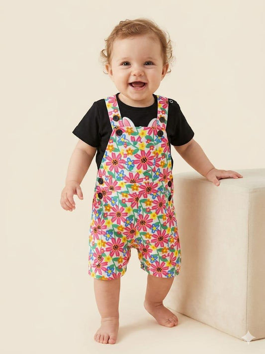 Baby Girls Colorful Floral Dungaree Romper Set | Summer Outfit | 3 – 24 Months