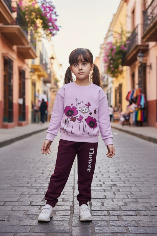 Girls Floral Winter Tracksuit Set – Lavender Sweatshirt & Plum Joggers